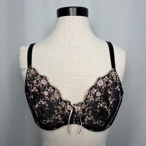 Victorias Secret Black Floral Embroidered Mesh Unlined Demi Bra 34DD Pink Gold